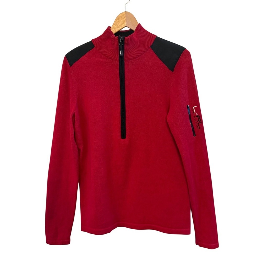 LRL Active Ralph Lauren Polo Red/Black 1/4 Zip Cotton Mock Turtleneck Sweater L
